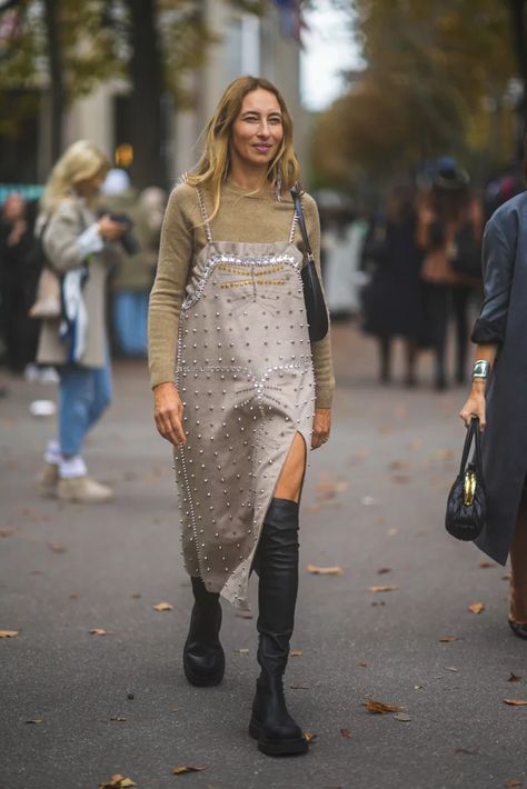 Womens Outfit Ideas, Glitzy Dress, White Leather Boots, Vogue Ukraine, Womens Outfit, Faux Shearling Coat, Popsugar Fashion, Trending Boots, Winter Skirt