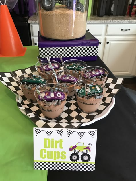 Monster Truck Treat Table, Monster Truck Birthday Party Snacks, Monster Truck Dirt Cups, Monster Jam Party Food Ideas, Monster Jam Bday Party, 3rd Monster Truck Birthday, Monster Truck Birthday Snacks, Monster Truck Fruit Tray, Monster Jam Dessert Table