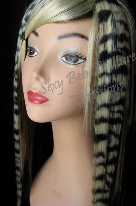 human hair zebra print hair extensions ... you can curl them, straighten them, even re-dye them if you want .. they are that change you wanted that you can always reverse and i love them :) Zebra Hair Dye, Zebra Hairstyle, Zebra Stripe Hair, Zebra Print Hair, Cheetah Print Hair, Zebra Hair, Cheetah Hair, Peekaboo Hair Colors, Hair Stripes