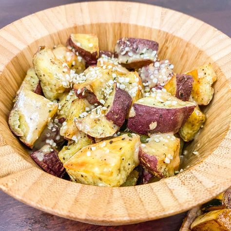 The perfect side dish to every Fall recipe. The dressing is also great on salads. Murasaki Sweet Potato Recipe, Miso Tahini, Fall Recipe, Tahini Dressing, Potato Recipe, How To Cook Potatoes, Glass Baking Dish, Perfect Side Dish, Sweet Potatoes