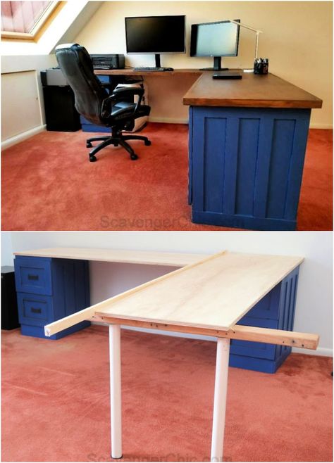 35 DIY L Shaped Desk Plans and Ideas You Can Build Corner Desk Diy How To Build, L Shaped Desk Diy, Diy L Shaped Desk, L Shaped Desk Plans, Large L Shaped Desk, L Shaped Desk With Storage, Diy Corner Desk, L Shaped Office Desk, Office Desk Designs