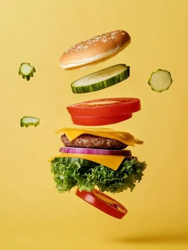 ↑↑↑ Larger size on website 🔸 A burger is being assembled in mid-air. The ingredients, including a sesame seed bun, a beef patty, Classic Burger, Yellow Backdrop, Minimalist Photos, Sesame Seed, Beef Patty, Image Generator, Yellow Background, Sesame Seeds, Flat Design