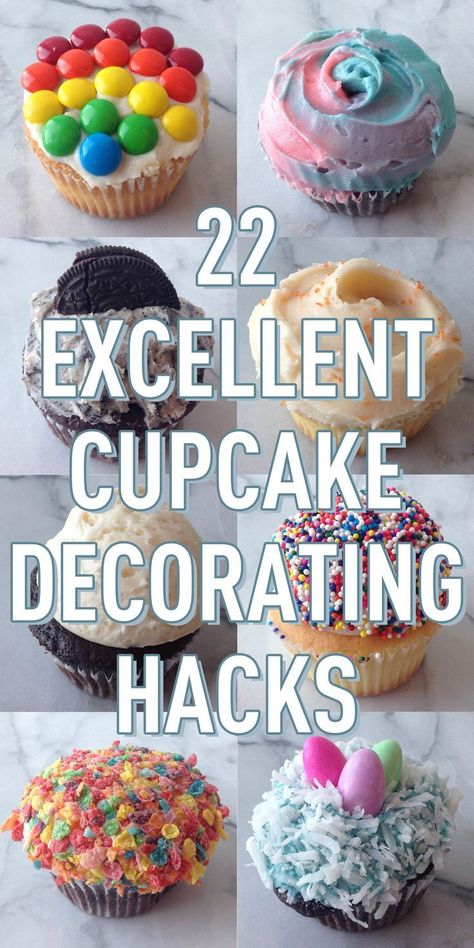 So you've been invited to a dinner party (and instructed to bring dessert.) Cosmo has the perfect plan: whip up a batch of boxed cupcakes, then try these super festive decorating hacks! Cupcake Decorating Hacks, Muffin Decoration Ideas, Simple Cupcakes Decoration, Easy Cupcake Decorating Ideas Simple, Simple Cupcake Decorations, Tools Cupcakes, Simple Cupcake Decorating Ideas, Cupcake Hacks, Cupcake Decoration Ideas