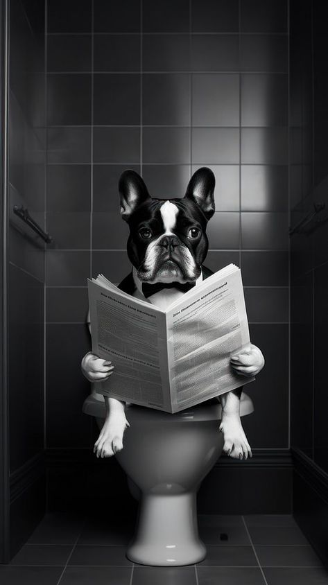 A dog sitting in the toilet and reading newspaper bathroom mammal black.  | premium image by rawpixel.com / Pitcha Benrohman Cool Dog Wallpaper, Dark Iphone Wallpaper, French Bulldog Wallpaper, Funny Dog Images, Funny Dog Art, Sitting On Toilet, Iphone Wallpaper Dark, Iphone Wallpaper Black, France Wallpaper