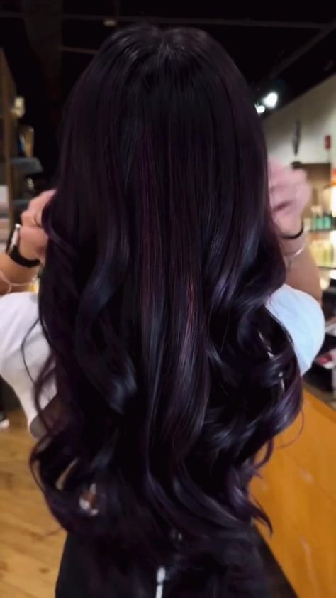 🍇A symphony of plum and rich hues🍇 Dive into this luxurious Aveda vegan color transformation, crafted by the talented @stylesbygisell! 🌿  FORMULA💟 Using a blend of 100g Iris and 50g Charcoal, processed for 20 minutes, this color brings out the depth and dimension in every strand. Perfect for clients who want a bold, vibrant look! Save this formula for your next color inspo. 💜  #AvedaArtist #ColorFormula #AvedaVeganColor Black With Violet Highlights, Dark Brown With Purple Undertones, Purple Plum Hair Color, Iris Hair Color, Dark Hair With Purple Tint, Dark Plum Hair With Highlights, Black Violet Hair Color, Dark Violet Hair Burgundy, Black Plum Hair Color