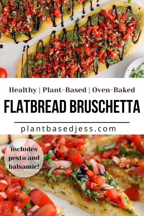 View on a vegan flatbread bruschetta on parchment paper. Bruschetta Dinner, Vegan Flatbread Recipes, Pesto Flatbread Pizza, Vegetarian Flatbread, Tomato Topping, Flatbread Toppings, Vegetable Flatbread, Pesto Flatbread, Healthy Flatbread