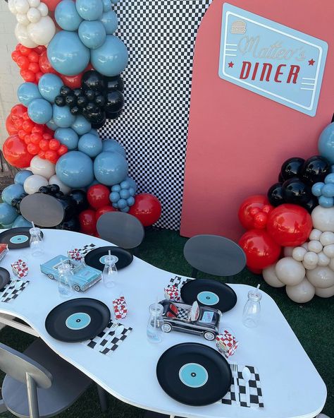 c r e a t e & i n f l a t e | order up — at Matteo’s Diner •• we loved this unique retro drive-in theme for a birthday ♥️ Design & Coordination: @createandinflateevents… | Instagram Retro Theme Party Decoration, Kids Table Chairs, Grease Theme, Retro Theme Party, Grease Party, Party Like Gatsby, Mystery Dinner, Kids Table, Marquee Letters