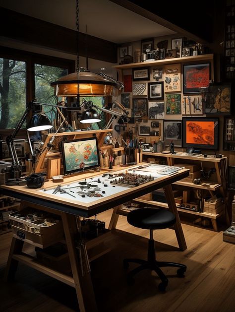 Office And Workshop Space, Adventure Office Decor, Van Neistat Studio, Artist Office Space, Art Desk Setup, Workshop Bedroom, Command Room, Cluttered Desk, Steampunk Interior