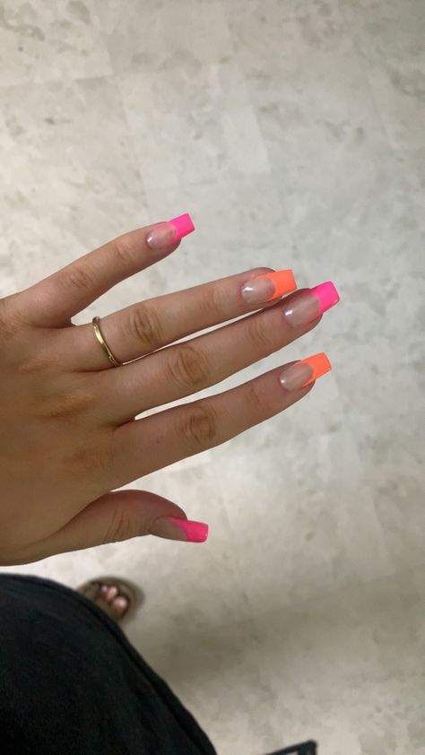 Cute Vibrant Nails, Pink And Organs Nails, Vibrant French Tip Nails, Bright Summer Acrylic Nails Designs, French Tip Pink And Orange, Bright Color Vacation Nails, Summer Nails Pink And Orange French, Bright Color French Tip Nails Square, Bright Nails French Tips