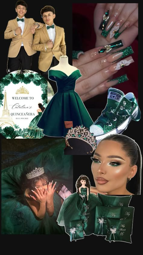 Emerald Green 15 Dress, Quinceañera Nails, Emerald Green Quinceanera Theme, Quinceñera Ideas, Green Quinceanera Theme, Emerald Green Quince, Quince Planning, Quinceanera Stuff, Xv Ideas