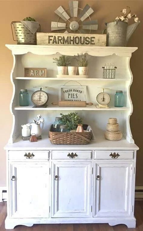 Dining Room Hutch Decor, Kitchen Hutch Decor, China Hutch Decor, White Hutch, Italy Kitchen, Tuscan Decorating Kitchen, Appartment Decor, Hutch Decor, Diy Dining Room