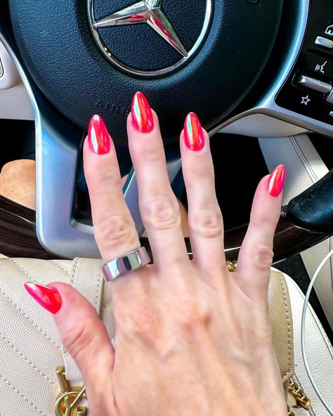 Bright Red Chrome Nails, Red Chrome Nails Almond, Red Nails With Chrome, Red Nails Chrome, Chrome Red Nails, Red Chrome Nails, Hoco Nails, Red Chrome, Red Nail