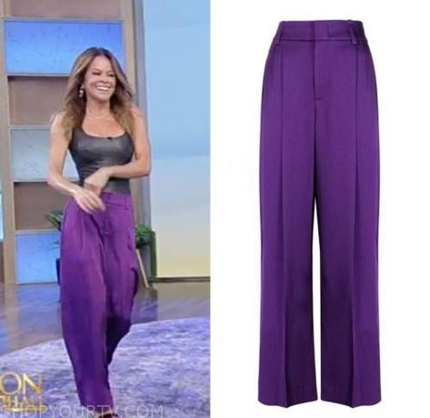 Tamron Hall Show: November 2022 Brooke Burke's Purple Satin Pants Purple Satin Pants Outfit, Elegant Purple Long Pants, Chic Purple Long Pants, Luxury Chic Purple Pants, Purple Satin Pajamas, Satin Pants Outfit, Brooke Burke, Tamron Hall, Where To Buy Clothes