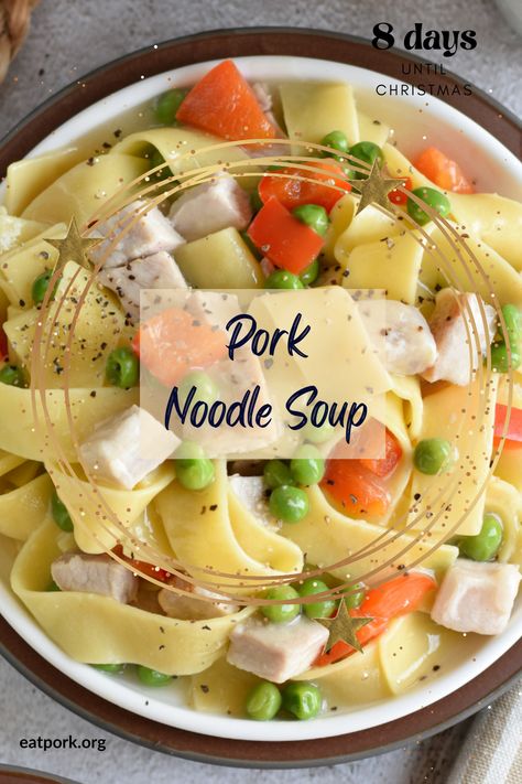 Cooked pork loin with carrots, peas, red bell peppers, egg noodles, and chicken broth. Pork Noodle Soup, Roasted Pork Loin, Noodle Soup Recipe, Roasted Pork, Comfort Soup, Sweet Peas, Pork Loin, Pork Roast, Noodle Soup