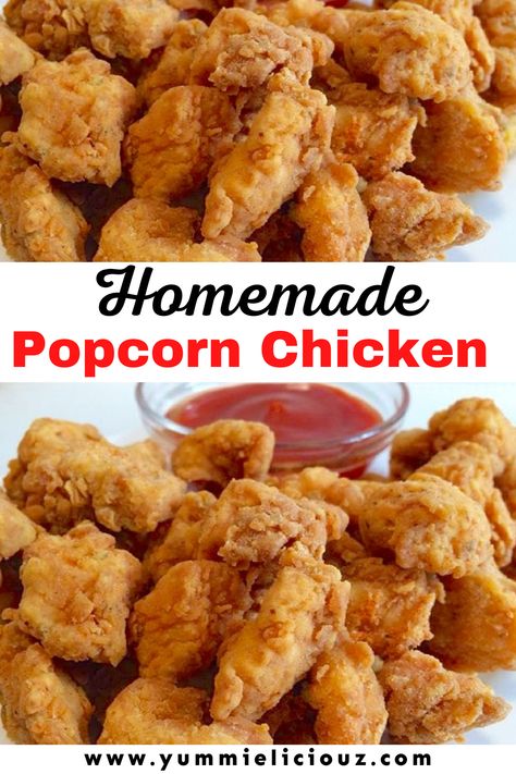 Homemade popcorn chicken recipe. This KFC inspired popcorn chicken is simply delicious! Homemade Popcorn Chicken, Chicken Appetizer, Popcorn Chicken Recipe, Homemade Popcorn, Popcorn Chicken, Appetizers Easy, Buttermilk, Chicken Dinner, Chicken Dishes