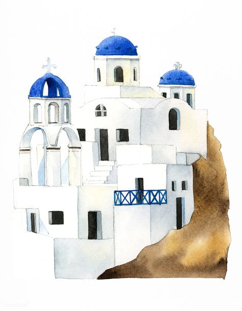 Santorini Cycladic houses painted by watercolor | premium image by rawpixel.com / Niwat Greece Drawing, Background House, Cave Houses, Greece House, Village Drawing, Cavo Tagoo Mykonos, Watercolor House Painting, House Icon, House Cartoon