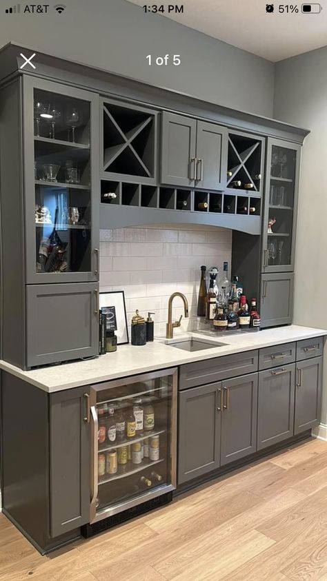 L Shaped Wet Bar Basement, Basement Bar Layout, Basement Kitchen Bar, Wet Bar Basement, Basement Kitchen, Basement Makeover, Dry Bar, Bar Set Up, Bar Room