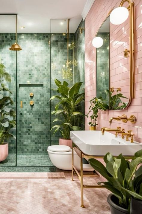 Pink Tiled Bathroom, Drømme Bad, Baie Vintage, Tiled Bathroom, Bathroom Design Decor, Bathroom Inspiration Decor, Pink Bathroom, Downstairs Bathroom, Green Bathroom