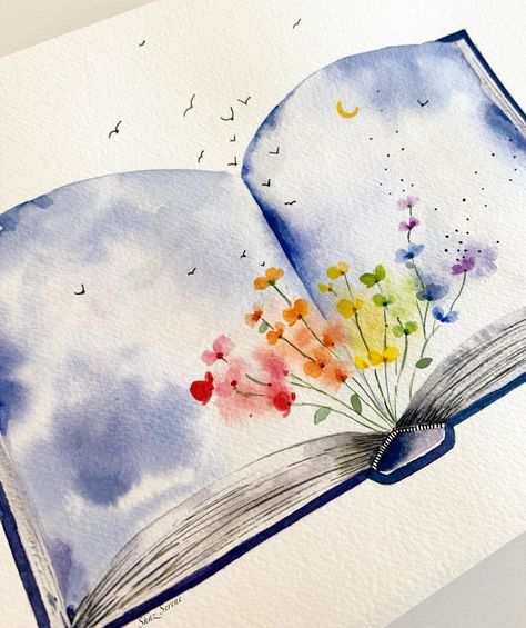 Watercolor Art Paintings Easy, Shaz Serene, Book Watercolor Painting, Art Colored Pencil, Journaling Creative, Bookmarks Ideas, Sky Lover, Artsy Crafts, Media Illustration