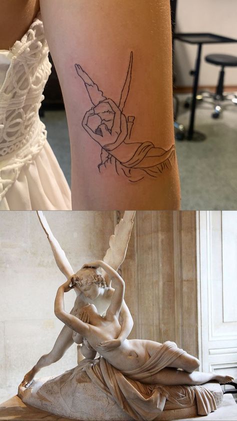 Romanticism Tattoo Ideas, Tattoo Ideas Classical Art, European Art Tattoo, Cupid And Psyche Tattoo Minimal, Michelangelo Tattoo Design, Psyche Tattoo Goddess, Museum Tattoo Ideas, Reinassance Tattoo, Bernini Tattoo