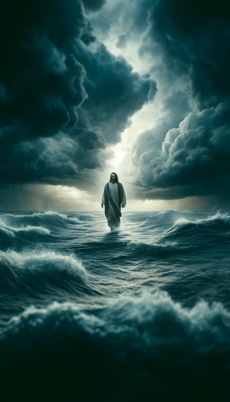 Jesus art Jesus walks on water Samundar Pic, Jesus Walking On Water Tattoo, Pics Of God, Walking On Water Art, Motivation Scriptures, Jesus Art Paintings, Jesus Walks On Water, Jesus Pics, Pictures Of Jesus