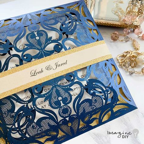 Luxury DIY wedding invitation in navy and gold.  How to make your own wedding invitations.  DIY wedding stationery supplies from Imagine DIY. Navy laser cut invitation with gold glitter details.  Perfect invitation for stylish winter wedding Make Your Own Wedding Invitations, Gold Glitter Paper, Blue Diy, Diy Wedding Stationery, Diy Wedding Invitations, Diy Invitation, Laser Cut Invitation, Country Diy, Wedding Crafts Diy