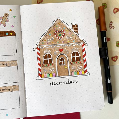 christmas gingerbread house bullet journal theme #bujo #bulletjournal #bulletjournaling #bulletjournalideas Christmas Theme Journal, Dot Journal Drawings, Gingerbread House Bullet Journal, Gingerbread Bullet Journal, Reading Journal Themes, December Journal Page, Winter Bullet Journal Theme, Bullet Journal December Calendar, New Years Bujo