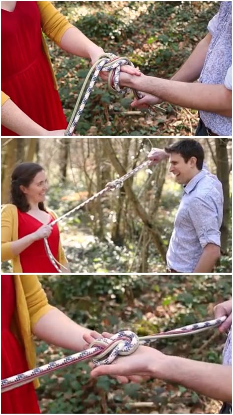 Three frames of a couple (a brunette, caucasian male presenting figure wearing a blue shirt and a brunette, caucasian female presenting figure wearing a red dress with a mustard yellow sweater) stand in a forest demonstrating the infinity knot method of tying handfasting cords using three pieces of paracord (one tan, one red, and one with an alternating pattern of blue and white). Hand Fasting Infinity Knot, How To Tie A Handfasting Cord, Wedding Ceremony Knot Tying, Nordic Handfasting Ceremony, Infinity Knot Handfasting, Hand Tie Ceremony, Tie The Knot Ceremony, How To Tie A Handfasting Knot, Knot Ceremony Wedding