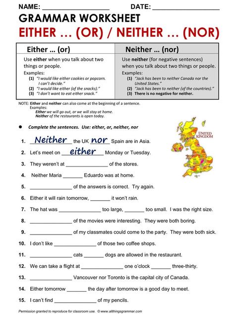 Neither Either Worksheet, Neither Nor Either Or, When And While Grammar Worksheet, Either Or Neither Nor Worksheet, Either Or Neither Nor Grammar, Neither Nor, To Too Two, English Grammar Exercises, English Grammar Rules