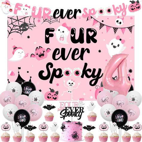 PRICES MAY VARY. You will receive: 1pc four ever spooky backdrop 3*5ft, 15pcs latex balloons 12inches(5 black, 5 pink, 5 white), 12pcs cupcake toppers, 1pc four ever spooky cake topper, 1pc pink number 4 foil balloon 32inches, 1pc four ever spooky birthday banner and 1 roll of white ribbons. Pink four ever spooky banner: The four ever spooky banner with cute boo pattern, is adorable and vivid; The banner is needed by yourself so you can hang it anywhere you like; This birthday banner is perfect Fourth Birthday Halloween Theme, 4 Ever Spooky Birthday, Spooky Third Birthday, 4 Themed Birthday Party Girl, Four Ever Spooky, 3rd Halloween Birthday Party, Fourever Spooky Birthday, Four Ever Birthday, Four Ever Spooky Birthday Party