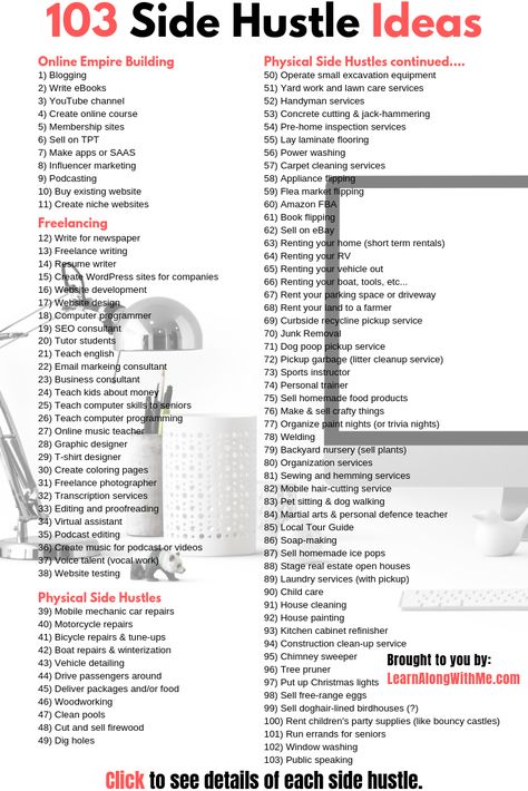 This massive inspirational list provides ideas so you can pick a side hustle and start earning extra money today. Don't worry that you can't do all of them! You'll find one that appeals to you. If you're worried about your skills then click to read the article and see some recommendations to improve your skills and knowledge. You can start building the life you dream of, and you can start now. Every marathon is started by taking that first step. Take your first step today and check this out. How To Build An Empire, Skills To Learn To Make Money, Laying Laminate Flooring, Business Acumen, Start Living Life, Business Strategies, Create Online Courses, Ebook Writing, Thrifty Living