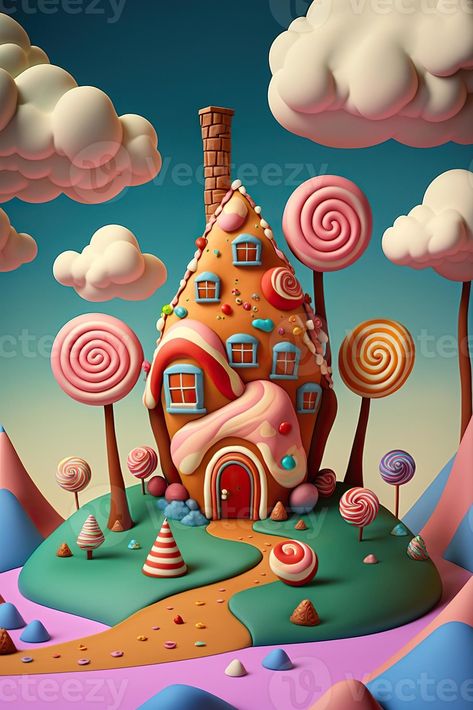 Candy Fantasy Land, Fantasy Land Painting, Candy Land Illustration, Gingerbread House Illustration Art, Candy World Drawing, Candy Land Painting, Candyland Illustration, Candy House Illustration, Candy Land Drawing