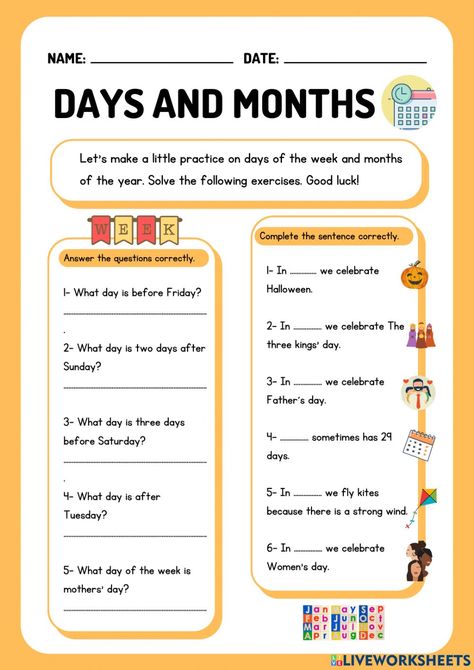 Days and months practice worksheet Month And Days Worksheet, Days And Months Worksheets, Days Worksheet, Month Worksheet, Months In English, Teach English To Kids, English Lesson Plans, English Exercises, Days And Months