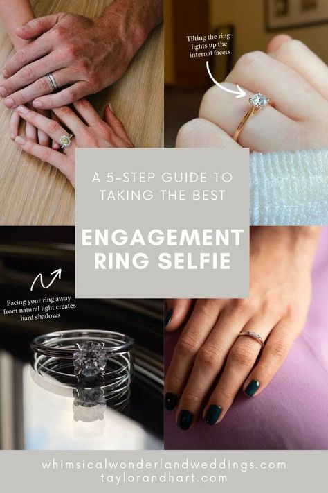 There are a few steps you can follow for taking a flawless selfie of your diamond ring. Engagement ring experts Taylor & Hart have been in the engagement ring selfie game for years, and have rounded up their top five tips for getting an immaculate shot. Engagement Ring Selfie Engaged Rings #Engagement #EngagementRing #RingSelfie #WeddingSelfie Engagement Selfie Ideas, Engagement Ring Photos On Hand, Engaged Rings, Engagement Ring Selfie, Ring Photoshoot, Best Engagement Ring, Taylor Hart, Instagram Ring, Proposal Planning