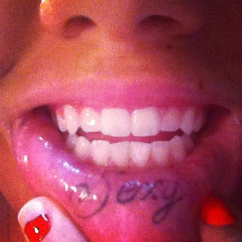 My Lip tattoo ;) Inside Of Lip Tattoo, Lipstick Mark Tattoo, 2010s Tattoos, Lip Tattoo Aesthetic, Lower Lip Tattoo, Underlip Tattoo, Matching Lip Tattoos, Under Lip Tattoo, Lip Tattoos For Women