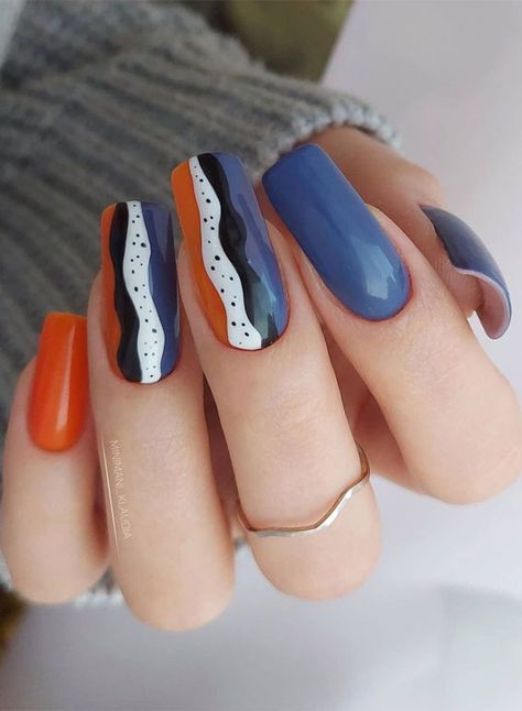 Burnt Orange Nails, Nails Tiktok, Short Nail Manicure, September Nails, Blue Acrylic Nails, Blue Nail Art, Autumn 2022, Manicures Designs, Fall Nail Colors