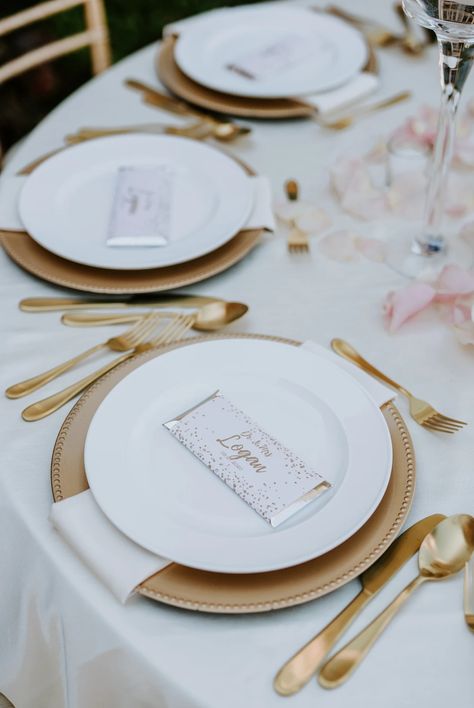 Gold flatware and gold charger plate placesetting Gold Chargers White Plates, Gold Cutlery Table Setting Wedding Ideas, White And Gold Charger Plates, Wedding Gold Charger Plates, Wedding Table Settings Gold Chargers, Wedding Place Settings Gold Charger, Gold Beaded Charger Plates Wedding, Gold Charger Place Setting, Wedding Table Plate Set Up