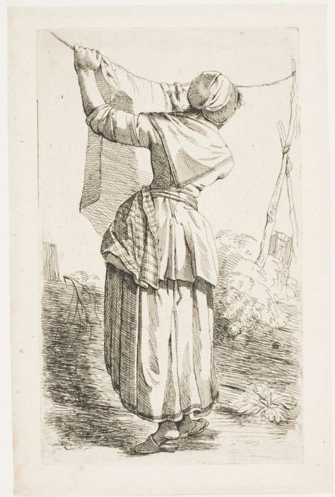 Woman Hanging out Laundry from a series of 6 prints of men and women, Netherlands, c. 1790s, Philadelphia Museum of Art - 18th Century Women, 18th Century Paintings, Philadelphia Museums, Figure Sketching, Philadelphia Museum Of Art, Arte Sketchbook, Working Class, Life Drawing, Art Drawings Sketches