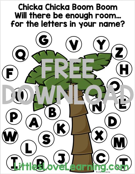 Reading Chicka Chicka Boom Boom with your students in your classroom or your own kids at home? Follow it up with this FREE Chicka Chicka Boom Boom Name & Letters printable. This activity is perfect for learning about letter names & sounds. Includes boy and girl versions. Help preschool, pre-k, and kindergarten kids learn their names and how to spell them with this free printable. #preschool #prek Chicka Chicka Boom Boom Letters, Chika Chicka Boom Boom Activities, Preschool Chicka Chicka Boom Boom Activities, Chicks Chicka Boom Boom Activities Preschool, Chica Chica Boom Boom Craft, Chicka Chicka Boom Boom Activities Free, Chica Chica Boom Boom Activities, Chicks Chicka Boom Boom Activities, Chicka Chicka Boom Boom Art