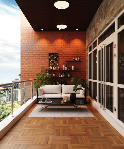 Brick Wall Balcony Ideas, Open Terrace Tiles Floors, Balcony Brick Wall Design, Balcony Wall Tiles Ideas Apartment, Brick Balcony Ideas, Tiles For Balcony Walls, Wooden Balcony Ideas, Balcony Tiles Wall, Balcony Wall Tiles