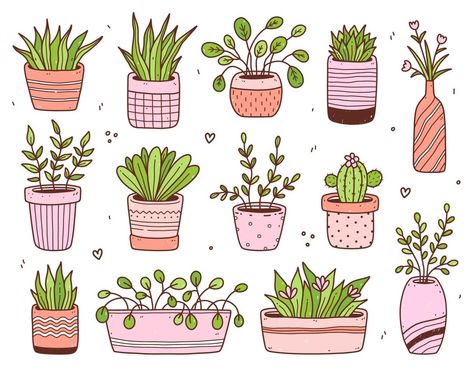 Cute Pot Plant Drawing, Potted Plants Doodle, Plant Decor Drawing, Doodle Plants Flower, Pot Flowers Drawing, Potted Flower Drawing, Cute Flower Pot Drawing, Plant In Pot Illustration, Plant Pot Illustration