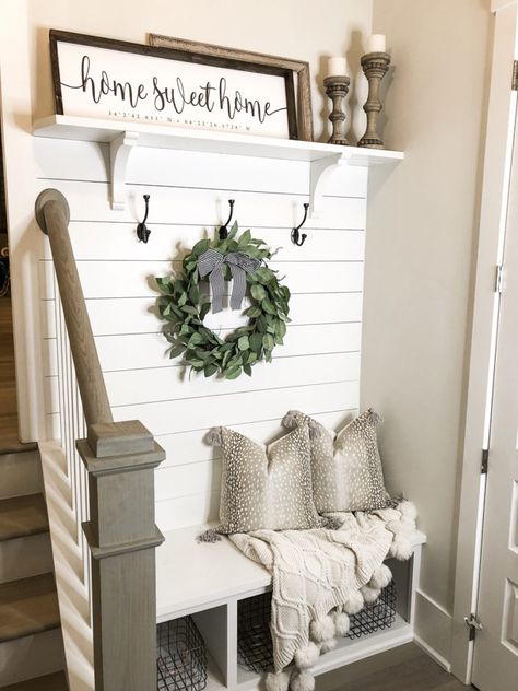 Mudroom Ideas Entryway With Stairs, Entryway Mirrors Farmhouse, Shiplap In Foyer Entryway, Foyer Hall Tree Ideas, Hall Tree Under Stairs, Farmhouse Hooks Entryway, Small Farmhouse Hallway, Foyer Shiplap Entryway, Small Home Farmhouse Decor