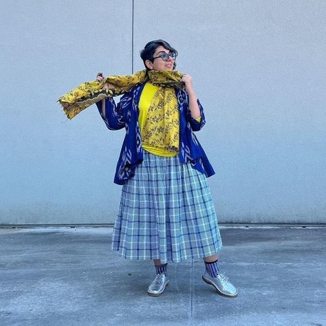 —@sideways_toupee - Sometimes magical things happen when the camera lens reads certain colors against a certain backgrounds and light - like in this case the yellow silk #kantha scarf (2013 Dilli Haat) and zara (2015) top against the grey wall and blue tones from the ikatindia over shirt and iseelila check skirt took me by surprise!!! Gingham socks and silver “gary” shoes by birkenstock . . #OOTD #outfitrepeater #lovedclotheslast #closetconfessions #fashionblogger #midsizefashion #midsizestyle Mid Size Fashion, Ugc Content, Midsize Style, Check Skirt, Grey Wall, Magical Things, Over Shirt, Yellow Silk, Things Happen