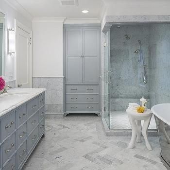 Honed Carrera Marble Herringbone Floor Tiles with Gray Recessed Linen Cabinet Marble Herringbone Floor, Herringbone Tile Floors, Marble Bathroom Floor, Marble Tile Bathroom, Marble Floors, Large Bathroom, Cabinet Paint Colors, Cabinet Remodel, Herringbone Floor