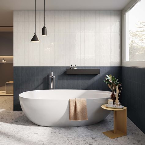 Floor And Wall Tile Combinations Bathroom, Metro Tile Bathroom, Half Tiled Bathroom Walls, Fox Sparrow, Mediterranean Style Interior, Minimal Bathroom Design, Bathroom Tiles Combination, White Bathtub, Metro White