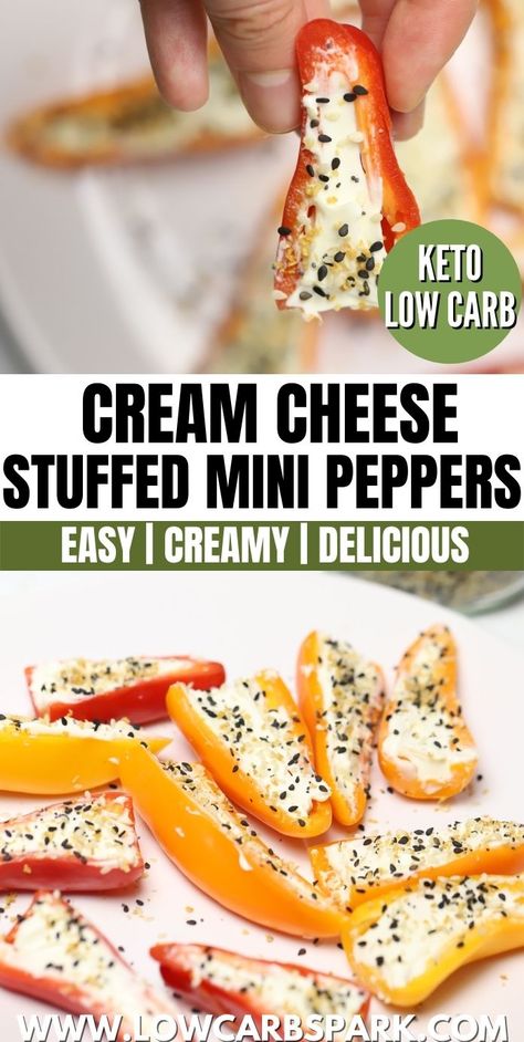 These Cream Cheese Stuffed Mini Peppers are a perfect appetizer for parties and weekend gatherings. The peppers are filled with cream cheese and topped with Everything Bagel Seasoning for an irresistible keto snack! via @lowcarbspark Keto Mini Peppers, Keto Sweet Peppers With Cream Cheese, Green Pepper Dip Cream Cheese, Peppers With Cream Cheese And Everything Bagel Seasoning, Cream Cheese Vegetables, Keto Stuffed Peppers Cream Cheese, Pepper Cream Cheese Everything Bagel, Everything Bagel Peppers, Low Carb Stuffed Mini Peppers