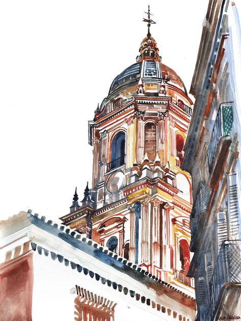 Colorful Watercolor Paintings, Art Alevel, Polish Artist, Building Painting, Building Drawing, Watercolor Architecture, A Place For Everything, Cities Around The World, Architecture Drawing Art