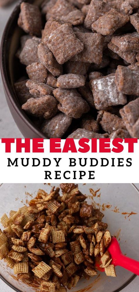 These easy muddy buddies are a traditional recipe to make on Christmas. Perfect to serve for a crowd or just to enjoy with family over a Christmas move. They are made with Chex cereal, melted chocolate, peanut butter, and vanilla. They are then coated with a generous layer of powdered sugar for the best finish. Pop them in the fridge an enjoy them cold for an extra crunchy and sweet treat. These are also called puppy chow, reindeer chow or monkey munch. Monkey Munch, Reindeer Chow, Muddy Buddies Recipe, Muddy Buddy, Muddy Buddies, Holiday Favorite Recipes, No Bake Snacks, Puppy Chow, Chex Mix