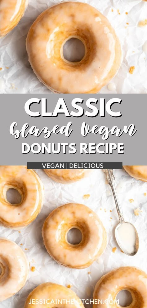 This Classic Glazed Vegan Donuts Recipe is seriously legit! When it comes to yeast donuts, deep frying is best. It’s the only way to get that slightly crispy exterior and the soft, pillowy interior. Now, if you’re nervous about deep frying, I get it! But it’s easier than you think, and if, like me, you take an everything-in-moderation approach to healthy eating, it’s really not a big deal to have a deep fried donut or two as a special treat on occasion. Make sure your oil is the right temp. Vegan Yeast Donut Recipe, Vegan Donuts Recipe, Vegan Gluten Free Donuts, Donuts Krispy Kreme, Donut Recipe Fried, Dairy Free Donuts, Vegan Donut Recipe, Vegan Doughnuts, Yeast Donuts