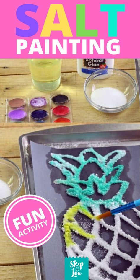 Salt Painting is a creative way to have kids make a two-dimensional work of art. Create these vibrant painting with simple items you probably already have at home. Kids will love the glittery texture salt paint creates. Salt Art Painting, Salt Painting For Kids, Salt Paint, Painting Items, Salt Art, Salt Painting, Skip To My Lou, School Glue, Kids Create